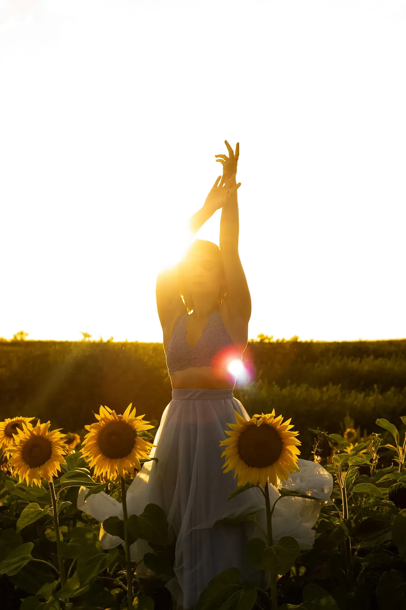 Frau mit erhobenen Armen im Gegenlicht vor einem Sonnenblumenfeld